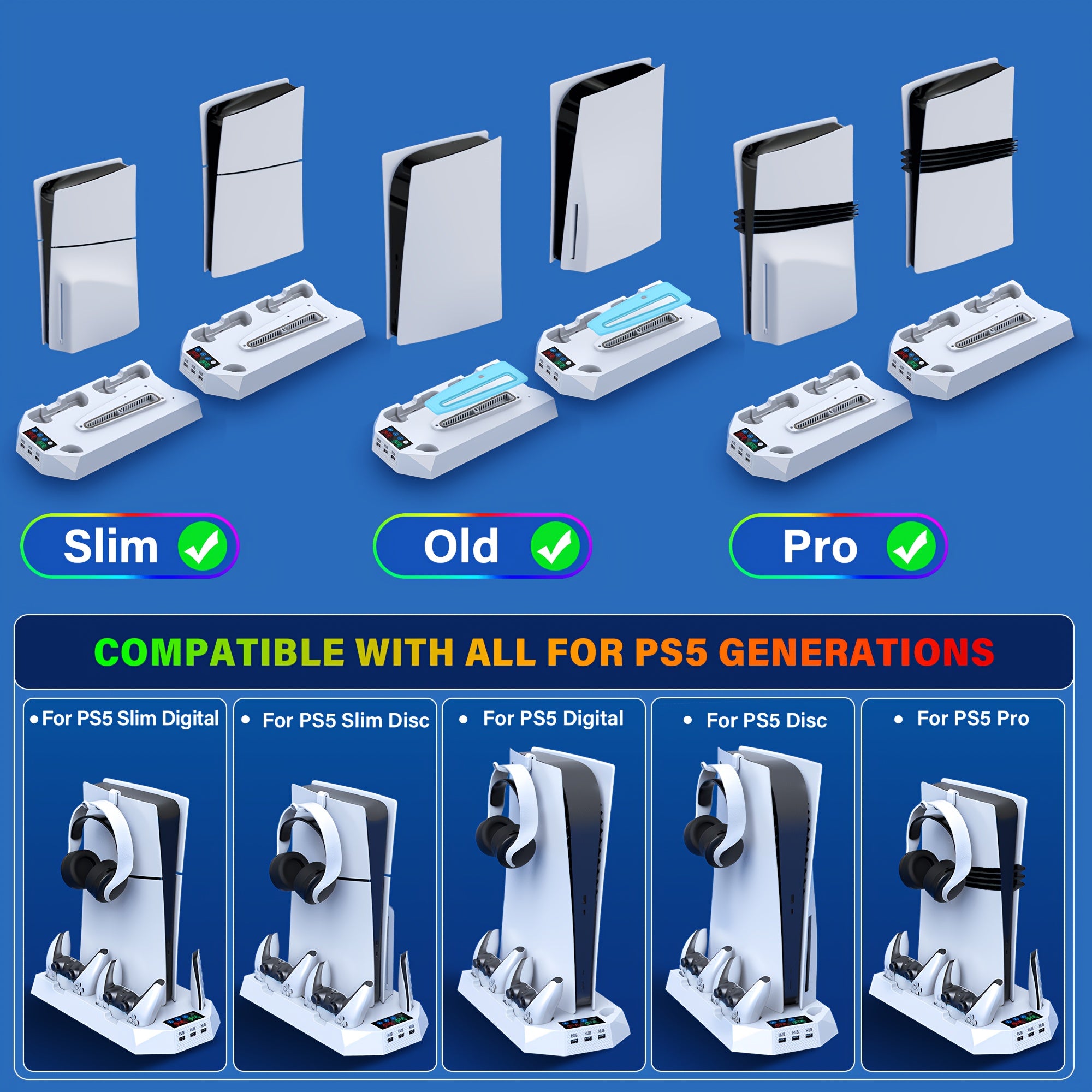 Cooling Station for PS5, Controller Charging Station for Playsation 5 Slim/Pro/&Standard Disc/Digital Console, for PS5 Accessories Incl. Controller Charger/Turbo Fan/3 USB Hub/Headset Holder, Christmas Gift, USB Length 19 Inches