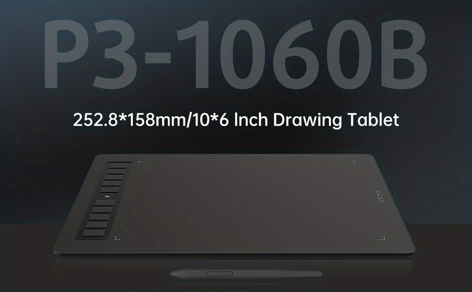 XENX P3-1060B Graphic Drawing Tablet, Featuring a Large 10 X 6.22 Inch Surface, Comes with 10 Hotkeys, a Passive And Battery-Free Stylus, And Offers 8192 Pressure Sensitivity Levels. It Is Compatible with Mac, Windows Pcs, And Android