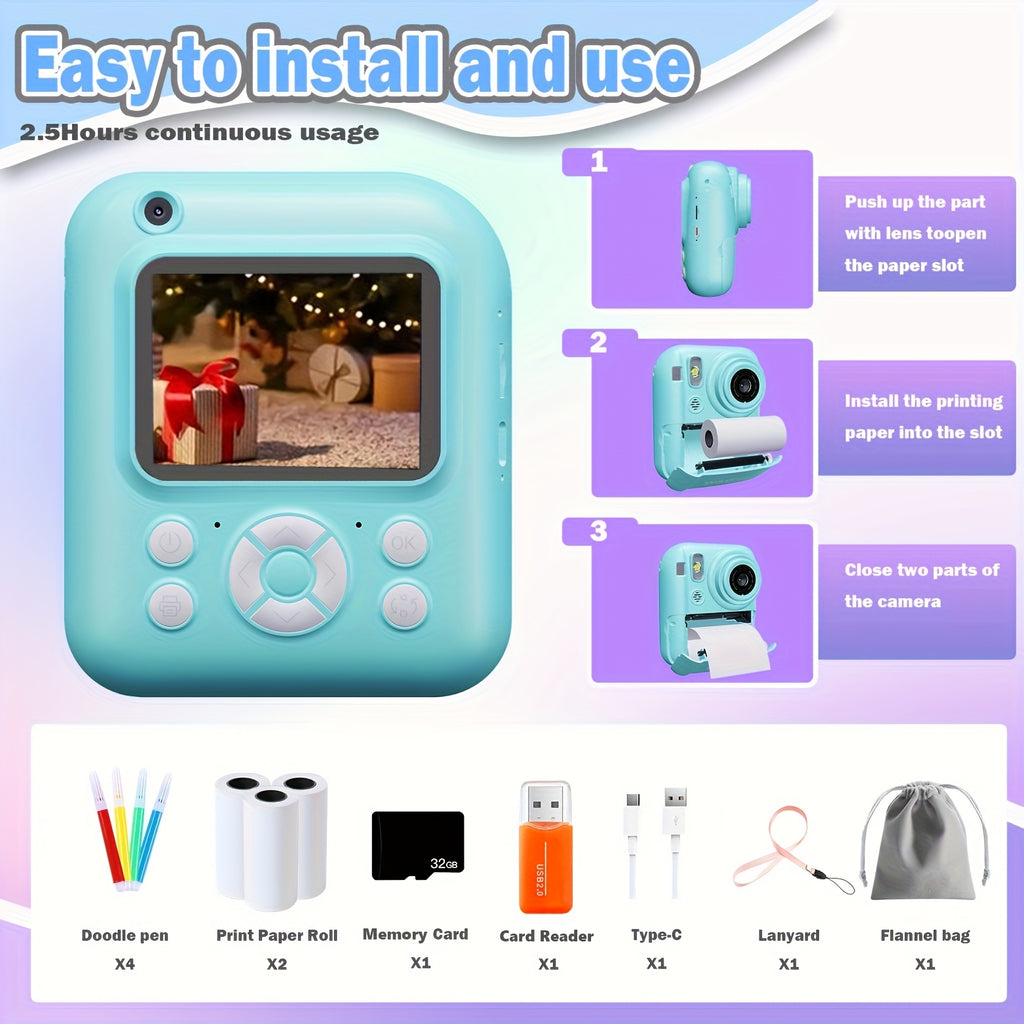 W&O Instant Print Camera With Print Paper - 48MP Digital Camera With Flash, MP4, Puzzle Game, 32G TF Card And Card Reader, Outdoor Photography Mini Digital Camera Printer With 2.4'' 1080P FHD Cartoon Photo Mini Camera - Great Birthday Christmas Gift