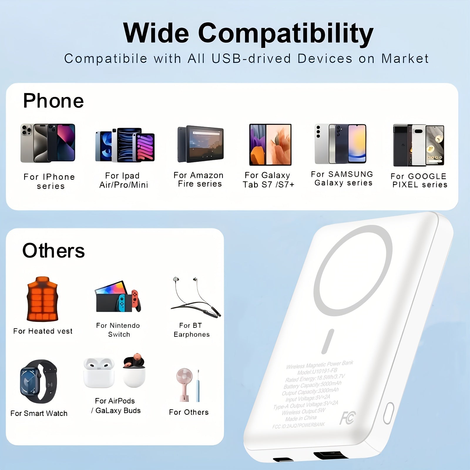 [Portable Wireless Charger] Mini Magnetic Wireless Portable Charger 5000Mah - 5W Wireless And 10W Wired Power Bank, USB-C In/Out, Compatible With Iphone 15/16, Android And Other Phone Additions (Local Warehouse) Compatible Devices
