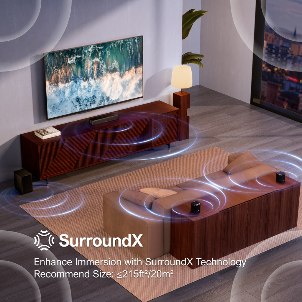 [Home Theater] Ultimea Sound Bar For Smart TV, App Control, Virtual Surround Sound System For TV, Home Theater Sound System, TV Soundbar With Wired Subwoofer, 2 Surround Speakers, Opt/AUX
