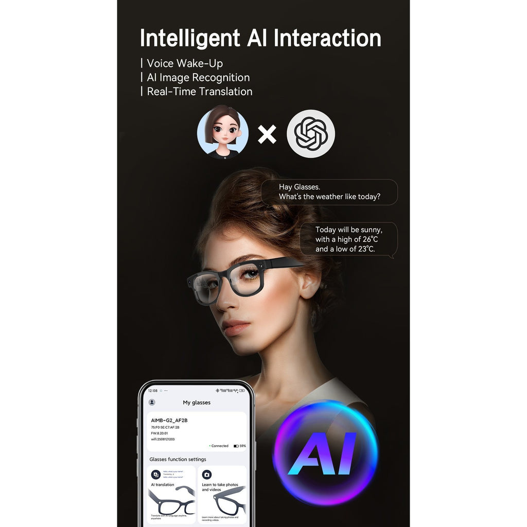 AI Smart Glasses with 8MP Camera, HD Video Recording, Real-Time Translation, Bluetooth Calls & Music, Touch Control, AI Recognition – Travel & Outdoor