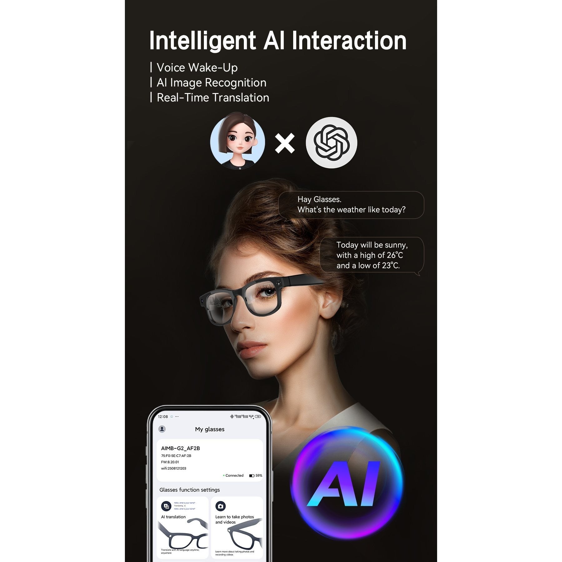 AI Smart Glasses with 8MP Camera, HD Video Recording, Real-Time Translation, Bluetooth Calls & Music, Touch Control, AI Recognition – Travel & Outdoor