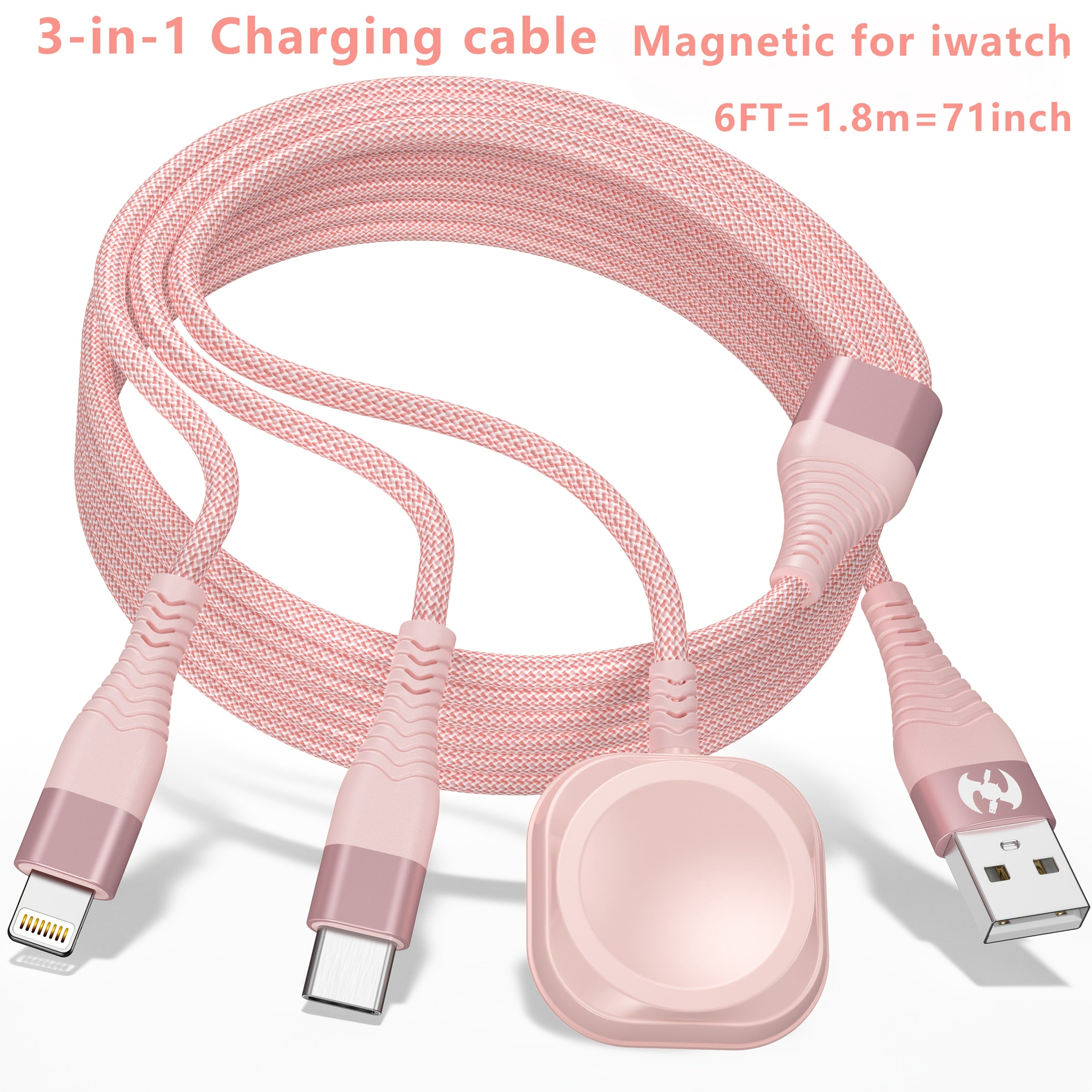 iWatch Charger, Nylon Braided Multi Charging Cable, USB AM Port to Lightning Type C, Magnetic Wireless Charger 3in 1 Fast Charging Wire, for iPhone Android Phone and iWatch, 1.8m