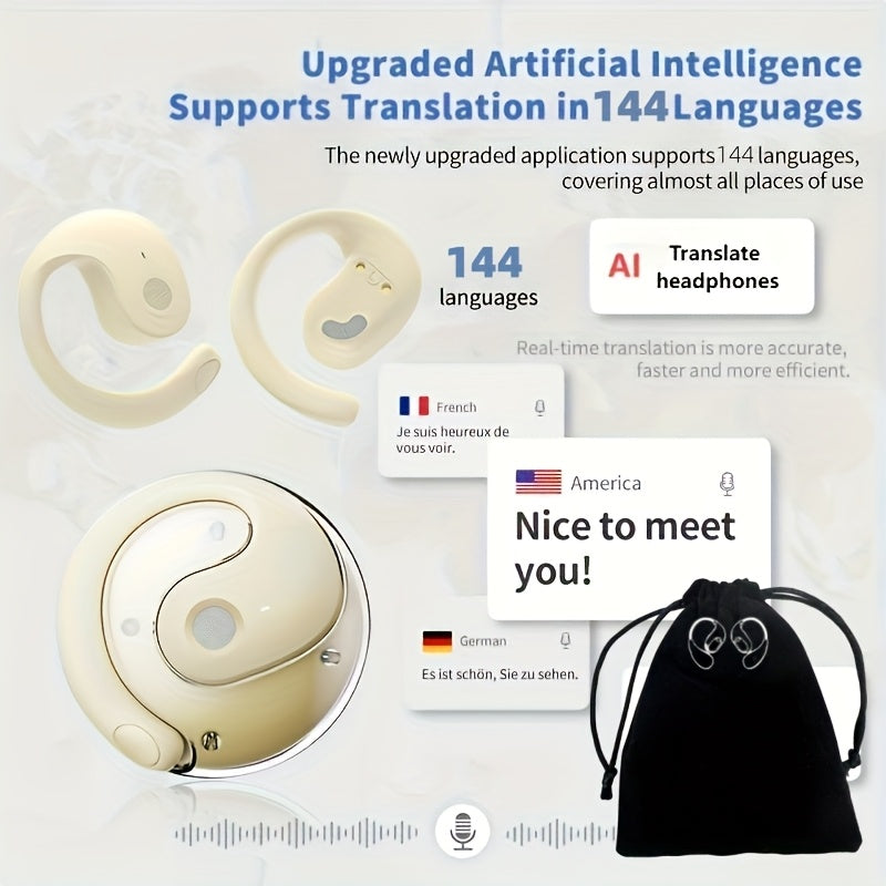Ai-Powered Real-Time Translation Earbuds, Two-Way Interpreter for 144 Languages, Rechargeable Via USB Or Battery, Ideal for Travel, Business, Shopping, Learning, Carrying Pouch Included
