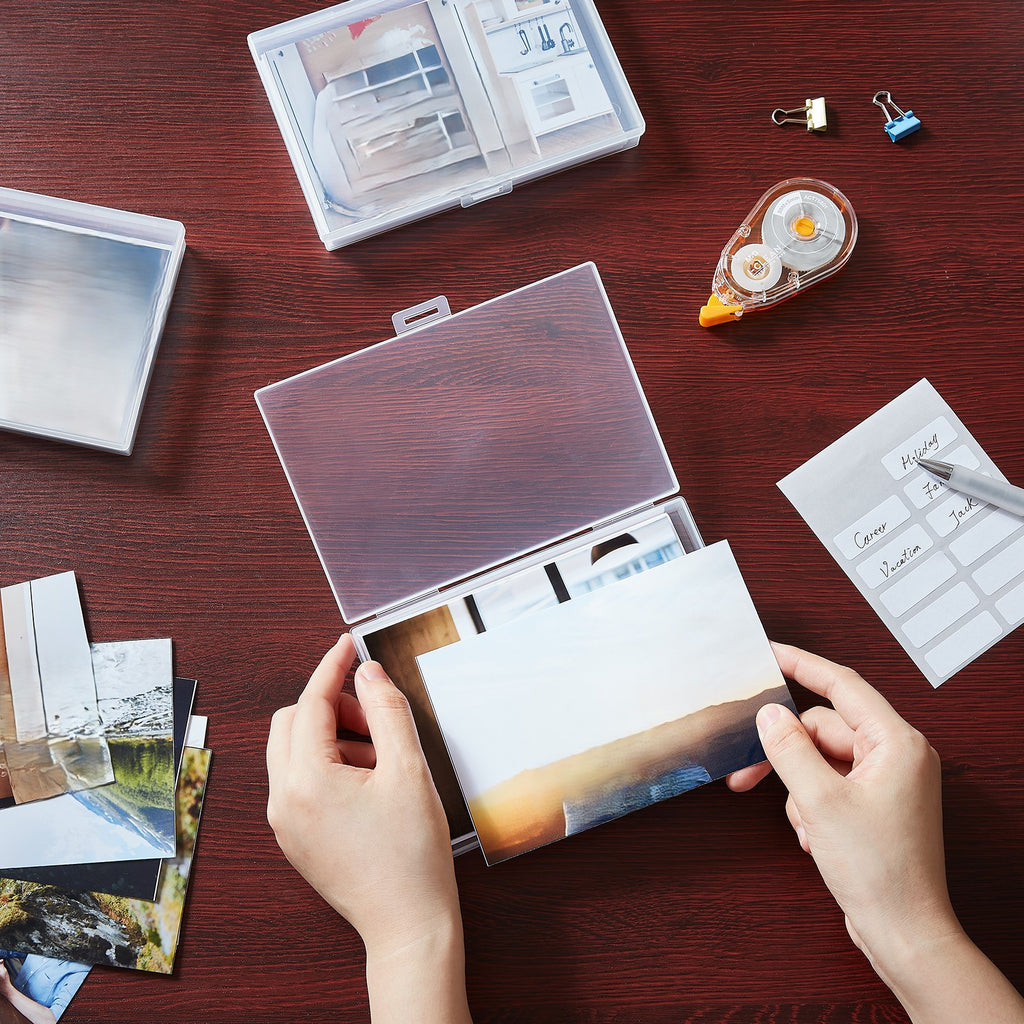 Photo Storage Box 4x6 Photo Case, 14 Inner Photo Keeper, Clear Photo Boxes Storage with 1 Sheet Label Sticker, Plastic Craft Storage Box with lids for Cards Pictures Stamps Office Supplies