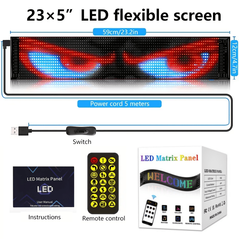 [Christmas New Year Birthday] LED Scrolling Party Sign with Car Charger, APP Programmable Animated Text Light Panel, USB Powered Smart LED Display Board with USB Adapter for Christmas, New Year, Birthday, Bar & Car Decorations