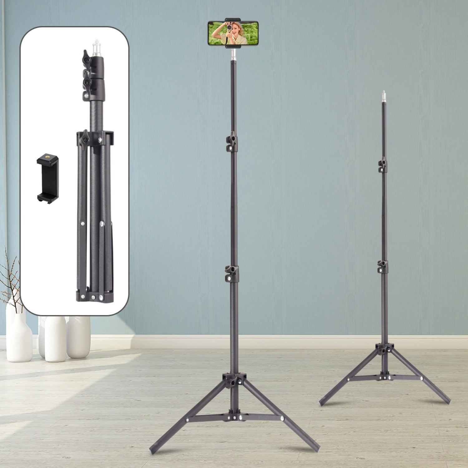 A 63-Inch Portable Mobile Tripod That Serves As a Retractable Phone Stand, Ideal for Vlogging, Live Streaming, Cooking, And Fitness. This Lightweight And Stable Tripod Features a Secure Phone Holder