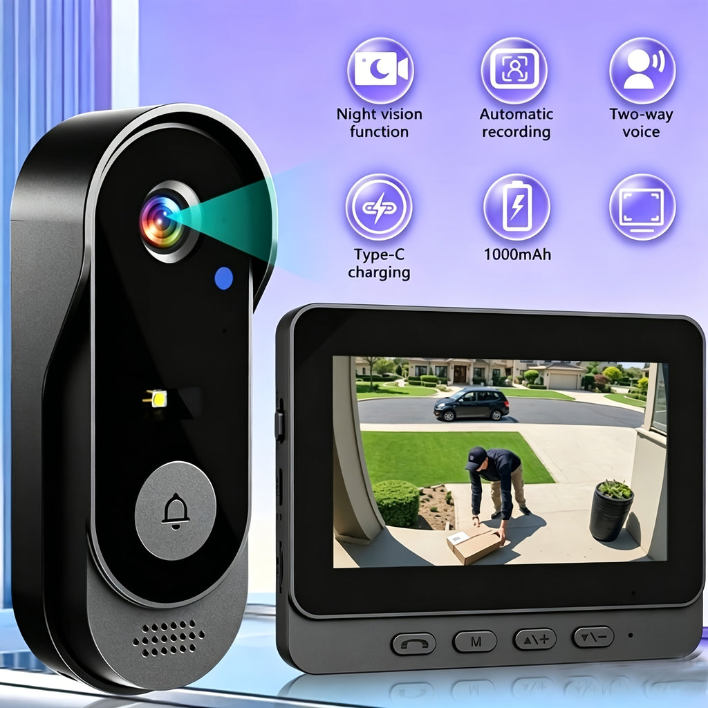 1 Set Smart Wireless Video Doorbell, No WIFI, 4.3"Display Screen, SD Monitor, Waterproof, Two-Way Audio, 2.4G Wireless Connection, 120° Angle, No APP, Highquality Lens Doorbell Camera, Rechargeable Battery