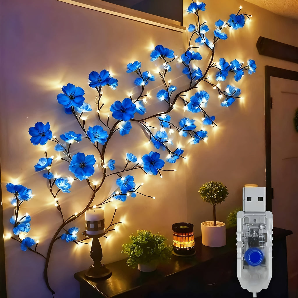 AMill 96-Light USB-Powered Cherry Blossom LED Fairy Lights - 5.9ft Faux Floral Garland with Dimmable Brightness, Warm & Cool Night Light, Plug & Play for Indoor Home Decor, Christmas, Bedroom, Kitchen, Party Decoration (No Batteries/Battery-Free