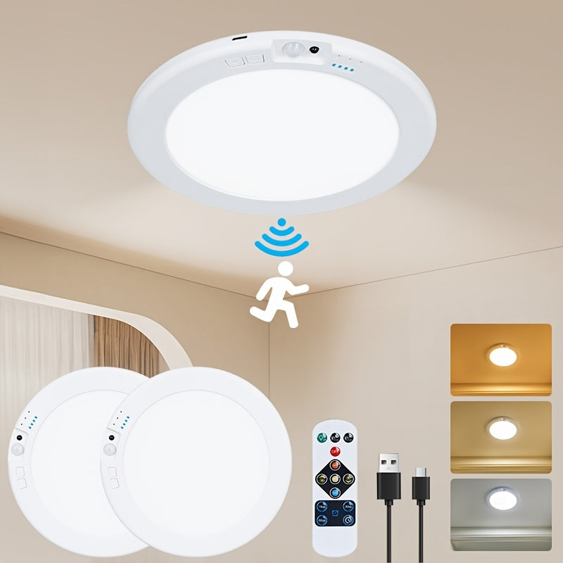 [LED Ceiling Light] 2pcs Rechargeable LED Induction Ceiling Light, 3-Speed Lighting Mode, Motion Sensor With Remote Control, Magnetic Design, Easy Installation, 5500mAh Large Capacity Battery, Suitable For Living Room, Kitchen, Bathroom, Corridor, Porch