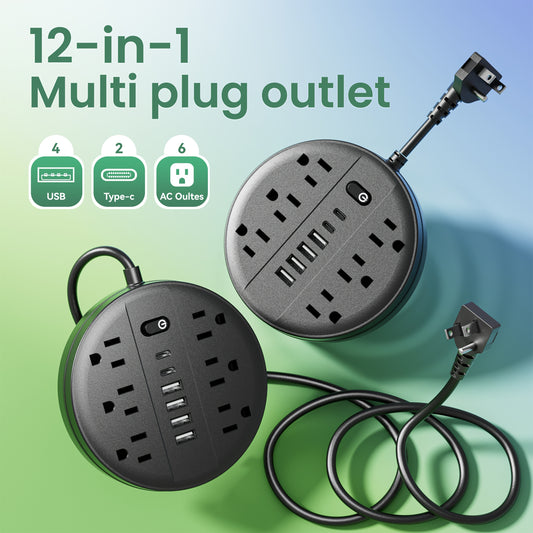 1pc 12-In-1 Multi-Functional Power Socket with Surge Protector, 6 AC Outlets, 4 USB Outlets And 2 Type-C Ports. Wall-Mountable Power Extension. Portable And Compact Design. Suitable for Home, Office And School. in White And Black