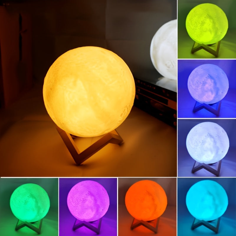 16 Color Moonlight Light 148 Combination Mode, USB3D Printed Moonlight Christmas Gift, LED Nightlight Bedroom, Bedside, Home Decor with Remote Control, Creative Desktop Decor Suitable Gift 5.9 Inch, W/ Wood Stand