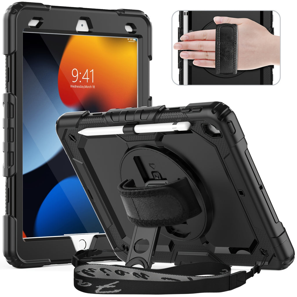 Case For IPad 9th/ 8th/ 7th Generation 10.2 Inch (Case For IPad 9/8/ 7 Gen): With Strong Protection, Screen Protector, Hand/Shoulder Strap, Rotating Stand, Pencil Holder - Black, July 4th Gifts