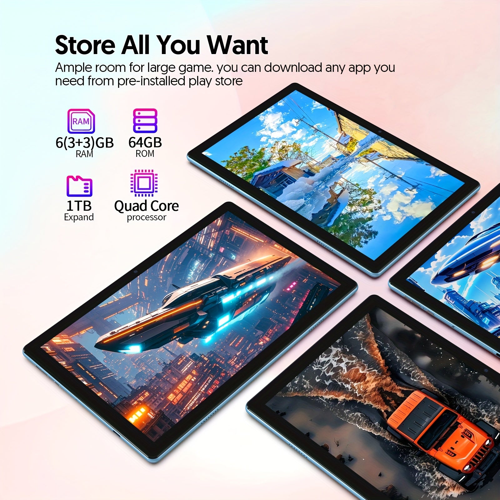 [Android 15 Tablet] Tablet Android 15 Tablets With 64GB ROM+12(3+9)GB RAM, 1TB Expand 2in 1 10 Inch Tablet With Optional Keyboard, Mouse, Case, Stylus, Pen, Powerful Quad-Core, WiFi, 6000mAh, 2MP+8MP Dual Camera, 1280 * 800 FHD IPS Screen, Three Optional