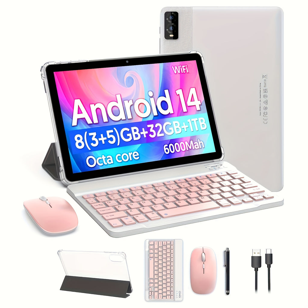 Android 14 Tablet, 10 Inch 8(3+5)GB RAM+32GB ROM/ 1TB Expandable Tableta PC, Octa-Core Processor Computer, 1280 * 800 IPS Touch Screen, 2+2 MP Dual Camera, Wifi, 2 in 1 Tablet with Optional Keyboard, Mouse, Case, Sylus Wthout Electricity, Tablet