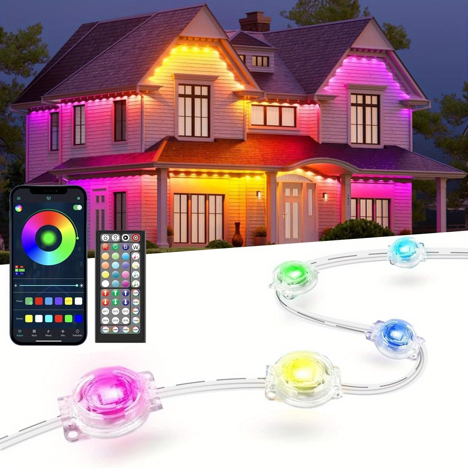 [RGB Eaves Lights] 500Ft Permanent Outdoor Light, RGB Eaves Lights, Scene Modes Outdoor Under Eave Lighting, Led Lights for Decor, Garden Decor, House, Party