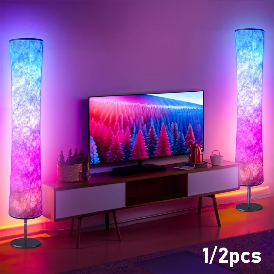 1/2pcs Led Smart Floor Lamp, E-Sport Room Lamp, with 16 Million Colors And Scene Modes, Music Sync And White Fabric Shade, Smart Floor Lamp, Standing Lamp for Living/Game Room Bedroom, with App/Remote Control