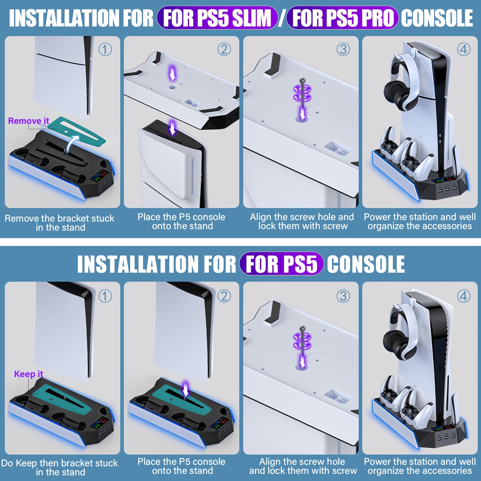 for PS5/Slim/Pro Stand Disc & Digital Console, RGB Cooling & Charging Station with 3-Level Fan, Controller Charger for PS5 Controller, Accessories with 3 USB Ports/Cooling Fan/Headset Holder