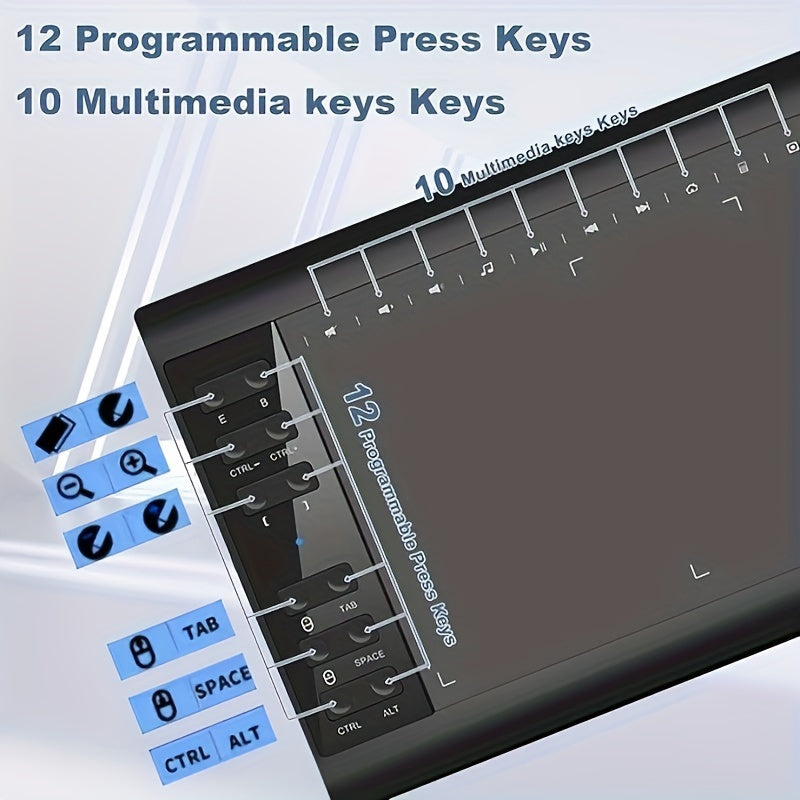 1060Graphic Drawing Tablet, 10 X 6 Inch Drawing Tablet With 8192 Levels Battery-Free Pen And Bag, 12 Hot Keys, Compatible With PC/Mac/Android For Painting, Design & Online Teaching