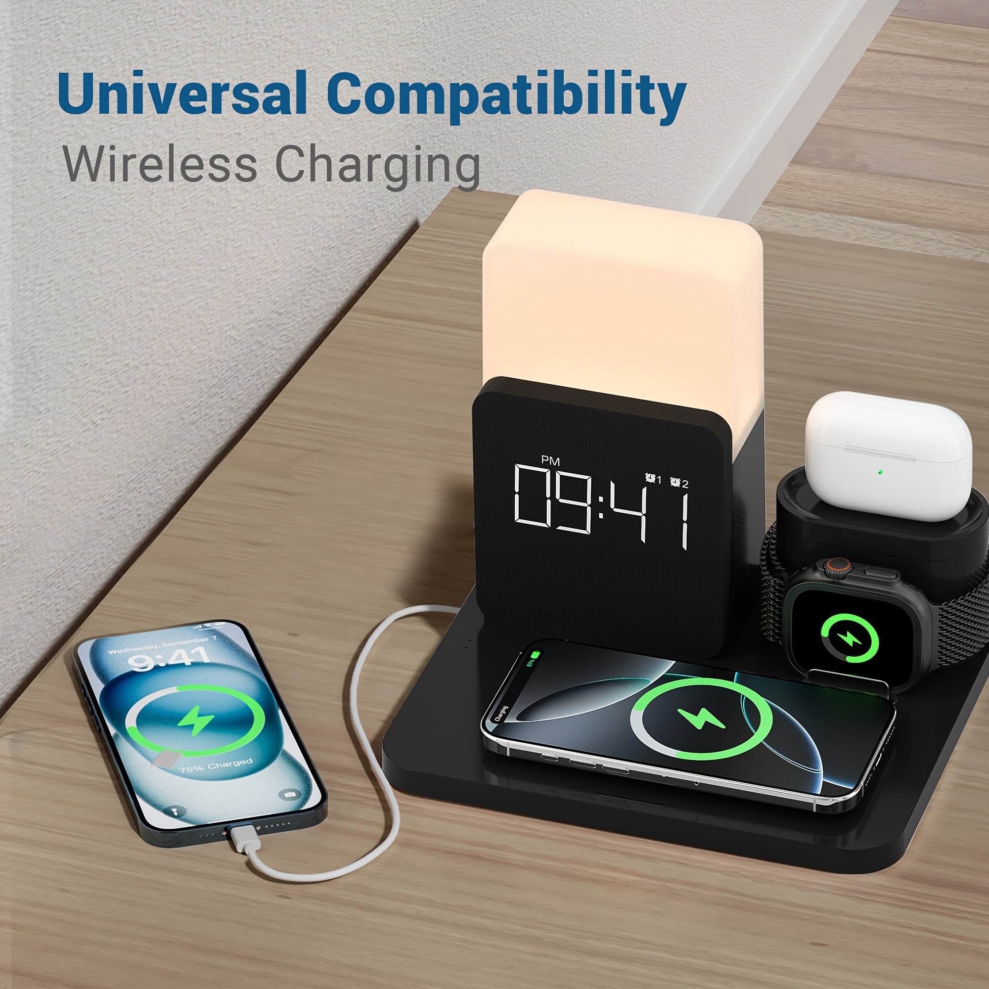 3-In-1 Wireless Charging Alarm Clock for Iphone 15 Wireless Charging Dock for Iphone 12-16 Samsung Bedroom 3 in 1 Charger Alarm Clock Portable Wireless Charging Station with Alarm Clock
