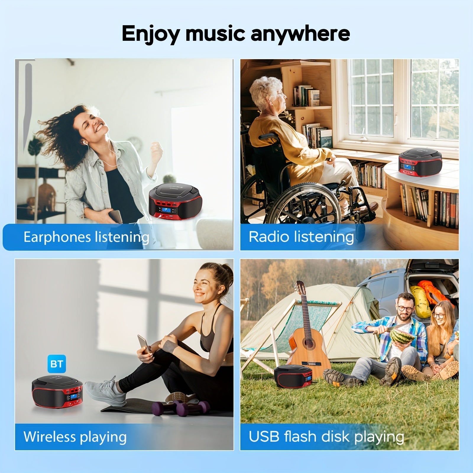 [Portable CD Boombox] Portable CD Player Boombox With BT, FM Radio With CD Player Combo, CD Boombox With AUX/USB Playback And Earphone Jack. CD Players For Home With Stereo Speakers, Battery Or AC Powered