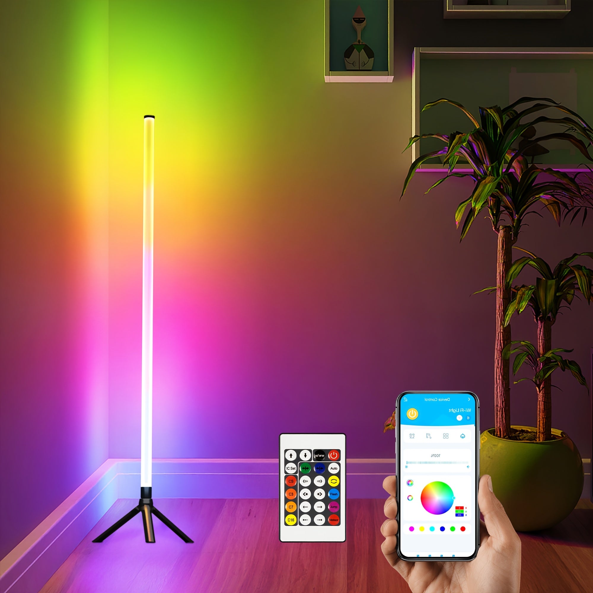 2/1 Pack RGB Floor Lamp Basic, USB 5V LED Corner Lamp, APP & Romote Control, Smart Modern Floor Lamp with Music Sync And 16 Million DIY Colors, Color Changing Standing Lamp for Bedroom Living Room, Room Decor, Halloween Decorations, Bedroom Decor