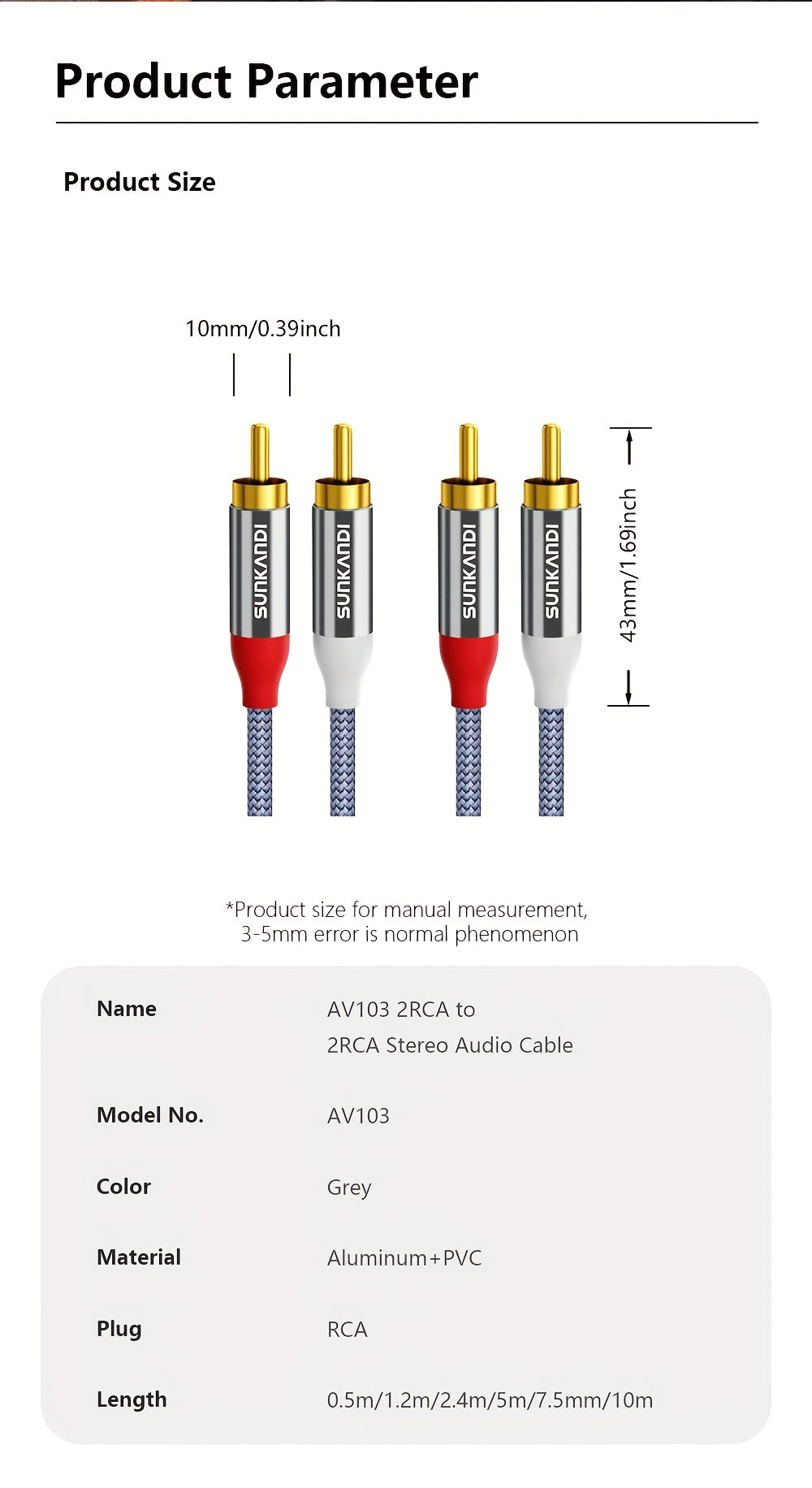 SUNKANDI Gold-Plated 2RCA to 2RCA Stereo Audio Cable - High-Fidelity Sound for Home Theater, HDTV, Gaming Consoles & Hi-Fi Systems, for home Theater Cable | Stylish Golden Connectors | Goldplated Construction