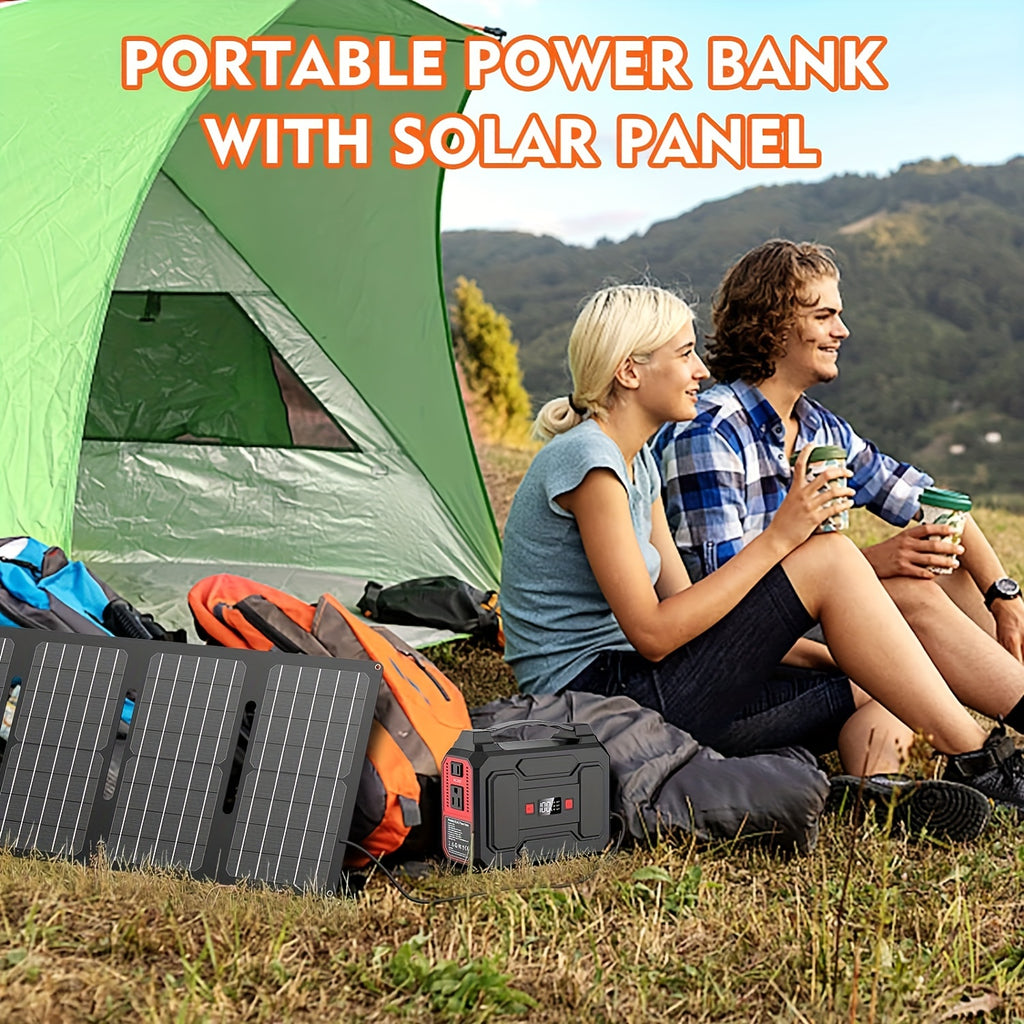 [Outdoor Camping Traveling] 100W 146Wh Portable Power Station Solar Generator With Foldable Solar Panel Charger, Portable Laptop Phone Backup Battery Power Bank With AC, DC USB USB-C Output And LED Light For Outdoor Camping Traveling Adventure RV Trip Hom