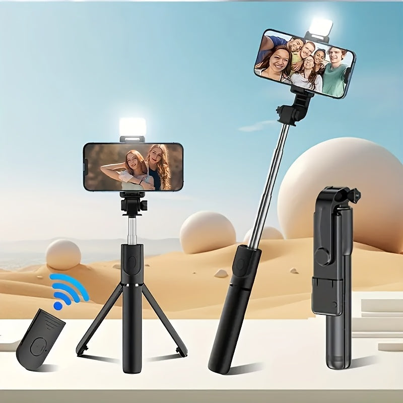 Expandable Selfie Stick for Phones Featuring an Integrated Fill Light, Designed for Professional Live Streaming. This Wireless Remote-Controlled Tripod Rotates 360° And Is Perfect for Hiking, Travel, Vlogging, And Outdoor Activities