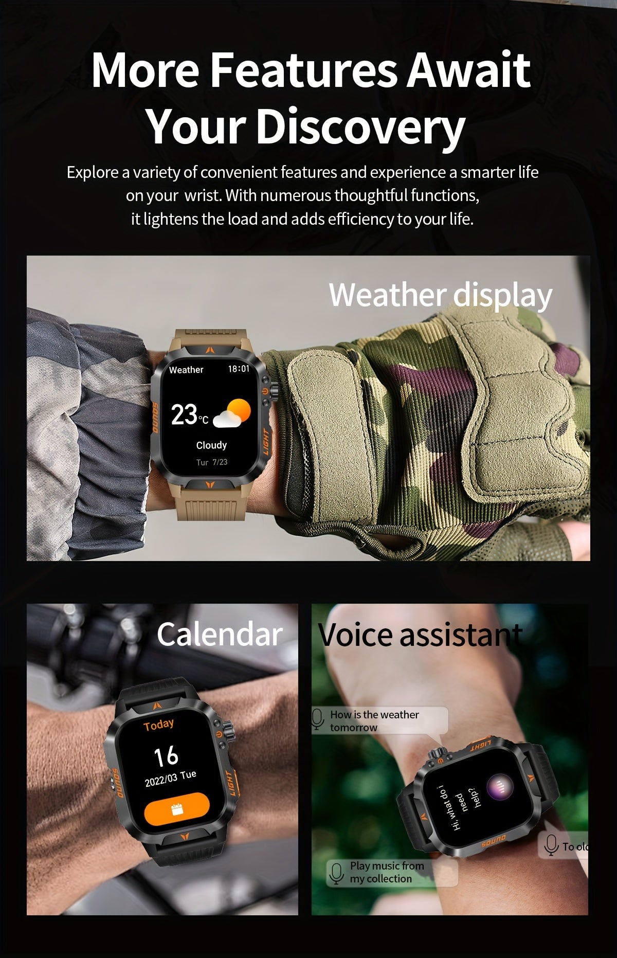 2.01 Inch HD Large Screen Smart Watch Wireless Call Fitness Tracker Calorie Counter Pedometer Deep LED Light Outdoor Compass Compatible with Android/Apple Phones Large Battery Long Standby Couple Men Women Gift Watch