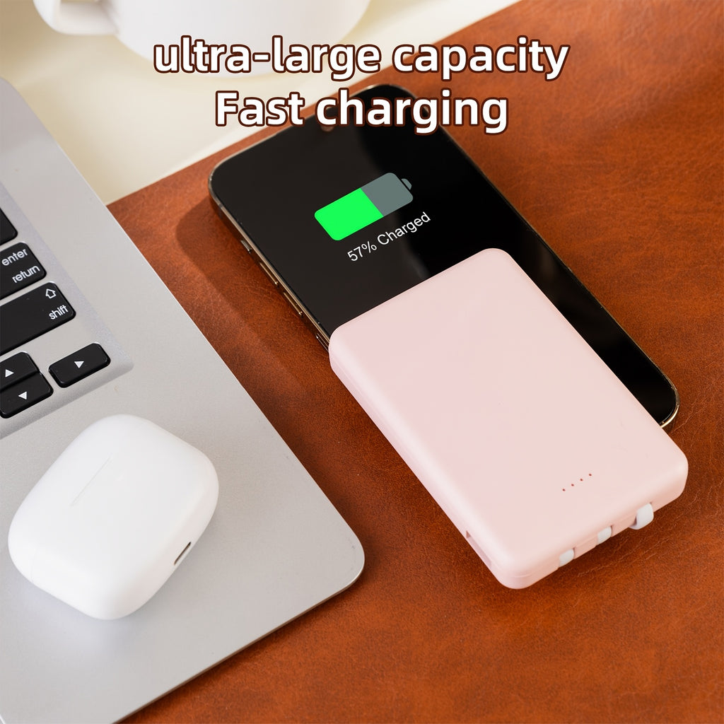 Portable Power Bank, Lightweight And Compact, 5000mAh/10000mAh, Mini Version with Built-in Cable, Can Charge 4 Devices Simultaneously with Type-C Input, LED Indicator Showing Remaining Capacity, Easy to Carry, Compact Charger with Built-in USB-C