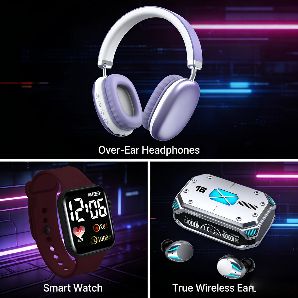 3pcs Set: Over-ear Wireless Bluetooth Headphones + Wireless In-ear Earbuds + Minimalist WatchCompatible with IOS, Android Smartphones Ultra-long Battery Life, Portable & Practical., Ideal for Back-to-school Gifts And Father's Day Presents.
