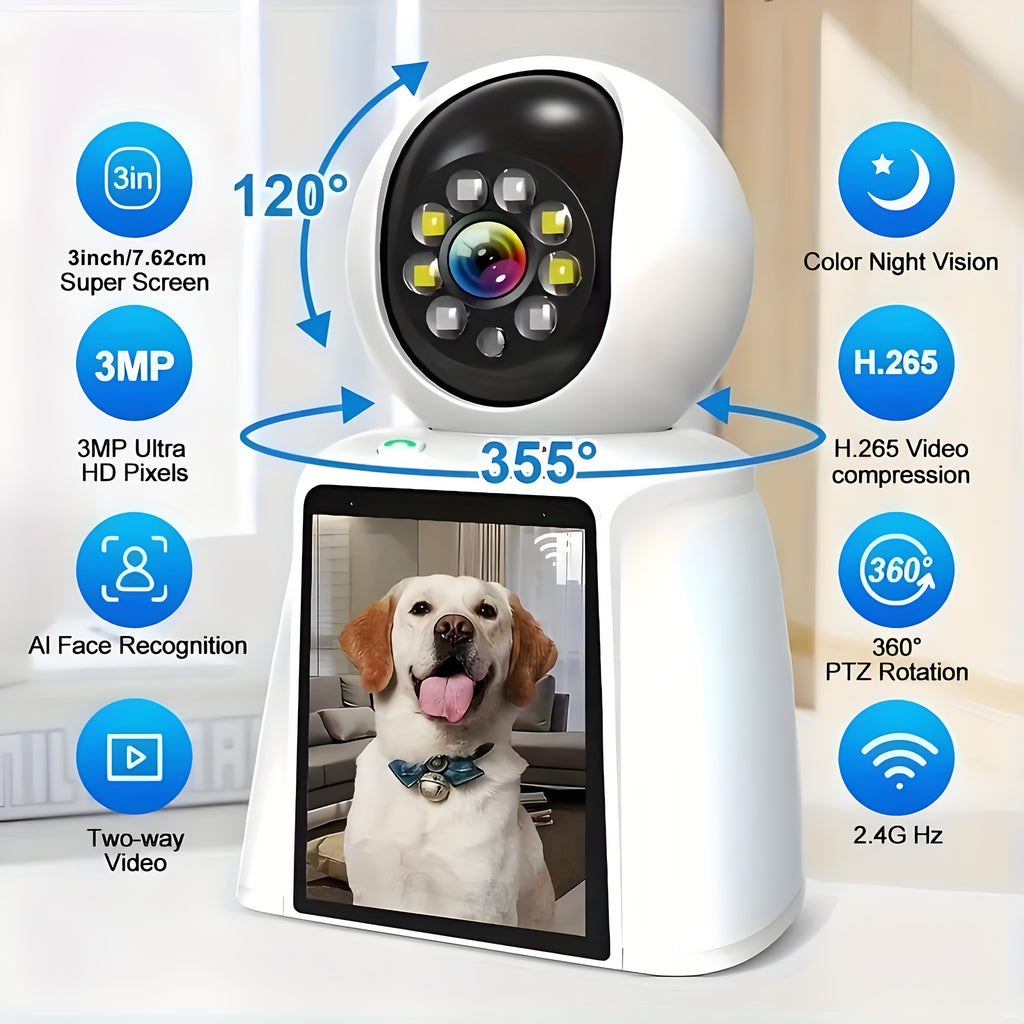 3 Inch Screen Pet Camera Smart Home Video Calling, Baby Kids Monitor Cameras WiFi for Home Security Indoor, Cat Dog Camara De Segurida Smartphone 2 Way Talk, 24/7 Recording, Motion Sensor Detection with Speaker