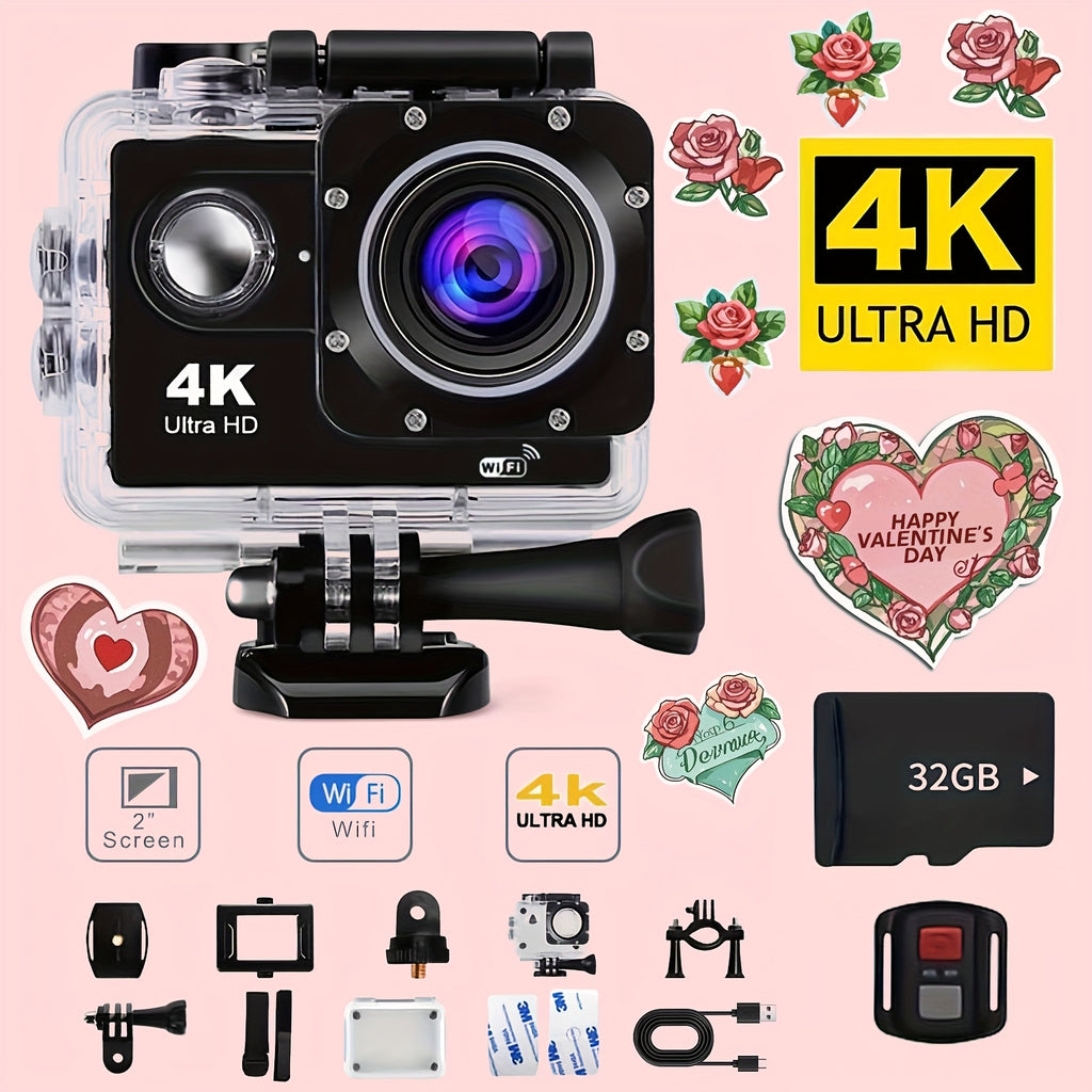 4K WIFI Action Camera: Unleash Your Visual Creativity with 170° Ultra-Wide Angle, Crisp 2" Display, And Ample 32GB Memory. Paired with A Remote Control Accessory Kit for Ultimate Convenience. Father's Day Gift, Capture And Share Unforgettable Moments!
