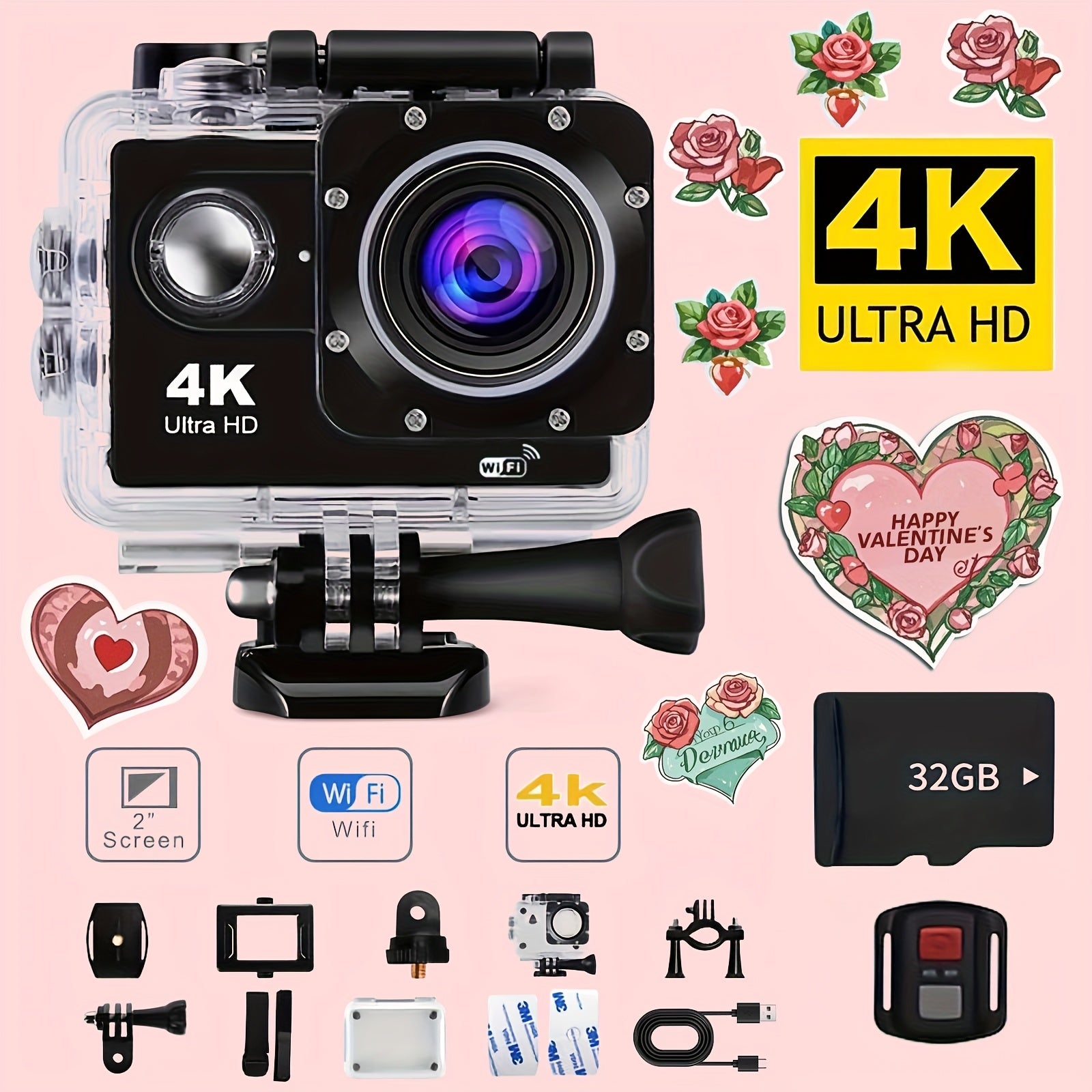 4K WIFI Action Camera: Unleash Your Visual Creativity with 170° Ultra-Wide Angle, Crisp 2" Display, And Ample 32GB Memory. Paired with A Remote Control Accessory Kit for Ultimate Convenience. Father's Day Gift, Capture And Share Unforgettable Moments!