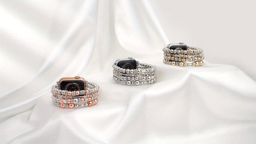 Handcrafted Elastic Golden Beaded Bracelets Designed for Apple Watch Bands in Sizes 38, 40, 41, 42, 44, 45, 46, And 49Mm, Suitable for Women And Compatible with for Apple Watch Series 1 Through 11, Including SE And Ultra Models