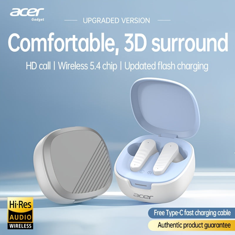 [Acer 2026 New] TWS Wireless Headset Heavy Bass Stereo Calling Noise Cancellation Ultra Long Lasting Sports Running In-Ear Low Latency Gaming Mode HIFI Audio Gift Recommended Multi-Device Compatible Mobile Phone, Tablet, Laptop with Charging Case