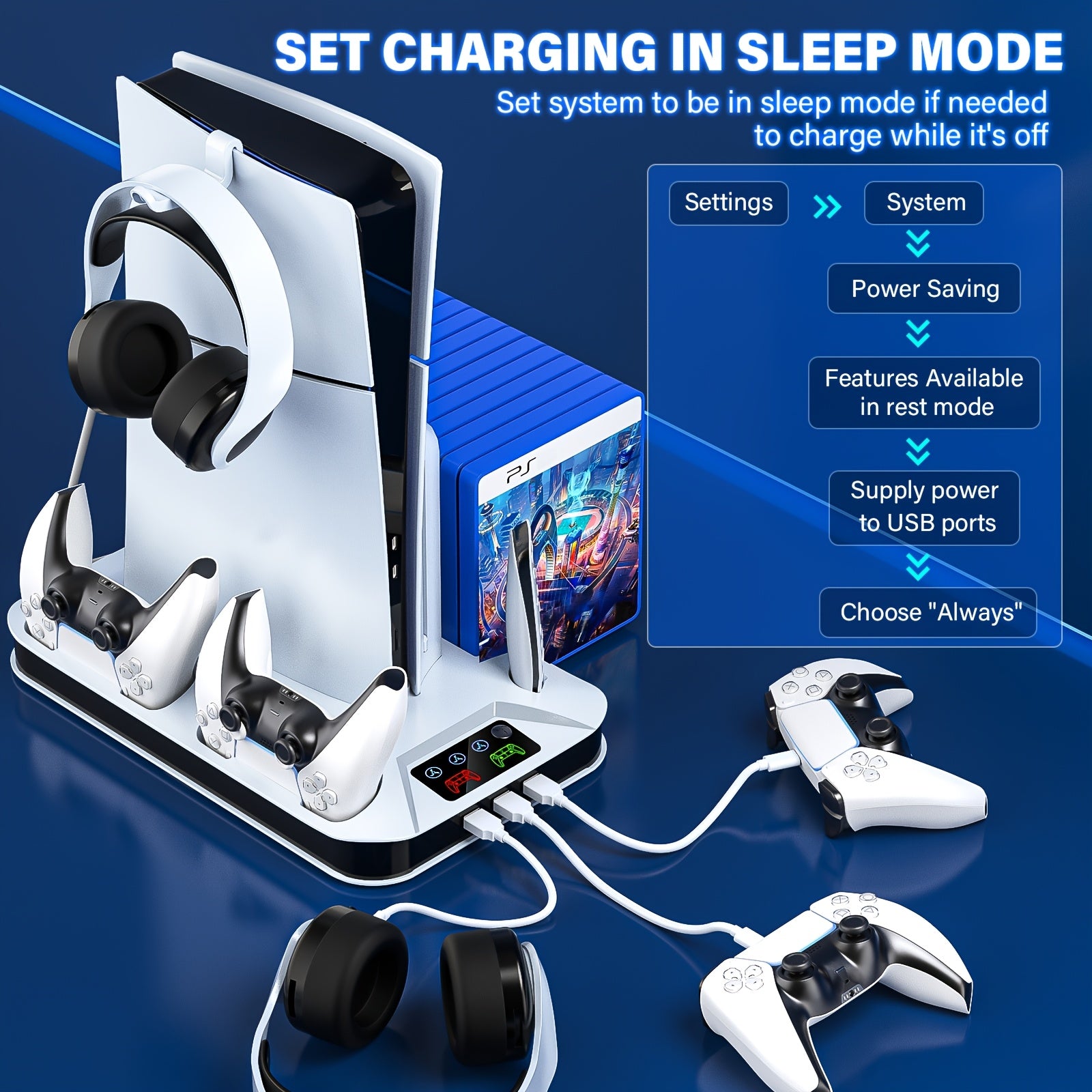 Cooling Stand with Auto Turbofan & 3-Level Speeds for PS5/ for Ps5 Slim/ for Ps5 Pro, Cooling Fan Station with Controller Charger, Charging Station for All Playstation 5 Console, Christmas Gift