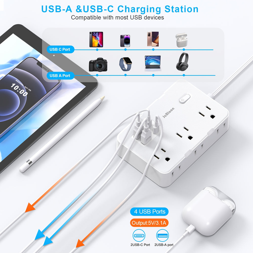 10in 1 Flat Plug Surge Protector Power Strip, 5ft Ultra Thin Extension Cord with 6 AC Outlets & 4 USB Wall Charger (2 USB C), USB Total Output:5V/3.1A, Compact for Charging Station Wall Mount for Office,Dorm, Black/White