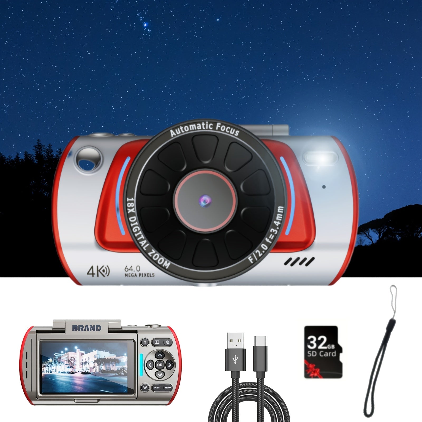 [4K Vlogging Camera] 4K 48MP Digital Camera | Vlogging Camera with 16X Zoom, 3" 180° Flip Screen, Auto Focus & Anti-Shake | Compact Travel Camera for Youtube, Live Streaming, Beginners - Includes 32GB SD Card & Additions