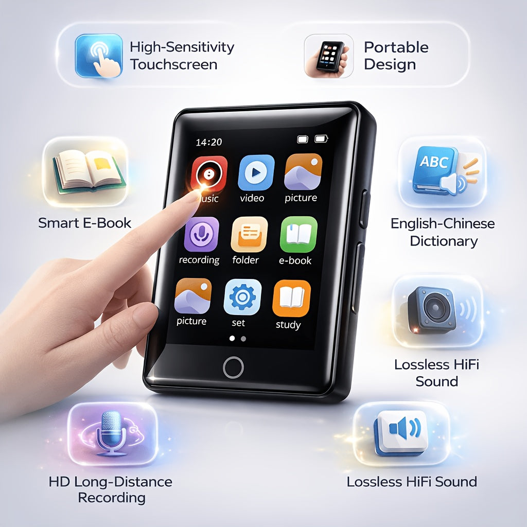 High-fidelity Touchscreen MP3 Player, Equipped with A 2.4-inch IPS HD Display, Supporting Music/video Playback, E-book Reading And Recording Functions, 128GB Expandable Storage Space, Suitable for Running, Traveling And Learning Scenarios.