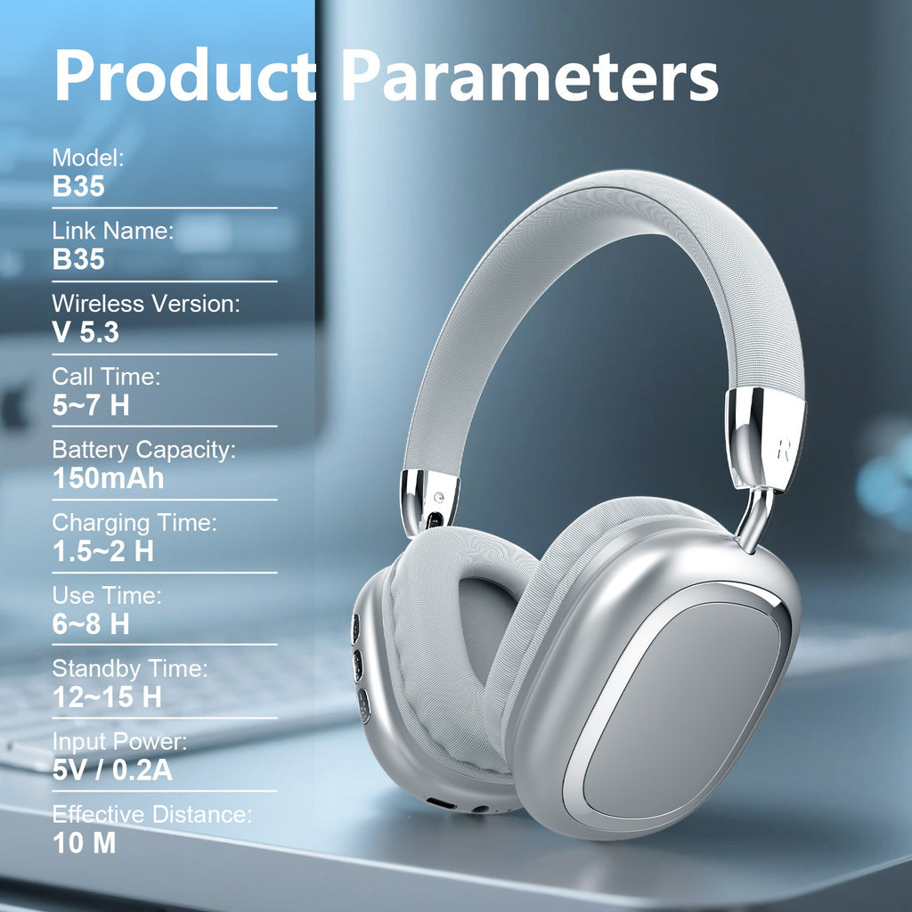 B35 Wireless Over-Ear Noise-Canceling Headphones | Wireless 5.3, Metal 90° Rotating Earpads, 6-8 Hours Of Playtime | Noise-Canceling For Immersive Sound | Compatible With Ios, Android, And Windows | Ideal For Music, Gaming, And Commuting