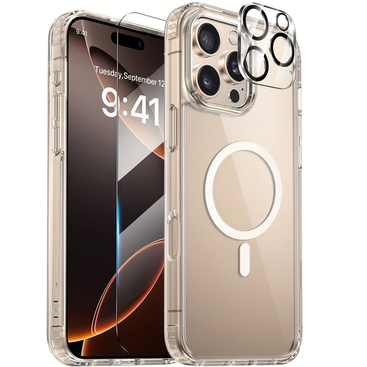 Phone Case - Protective Phone Case IP16 Pro Max Case for Magnetic Additions, Shockproof Protective Case, with Tempered Glass Screen Protector + Camera Lens Protector, Scratch-Resistant Back Cover