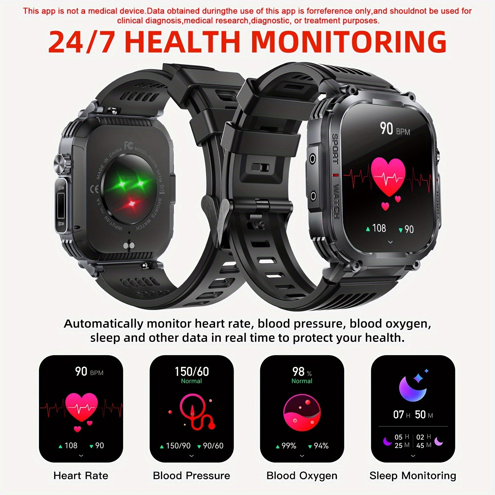 [Gifts for Camping] Smart Watch, Fitness Watch for Men - Activity Tracker with Sleep Monitor, Pedometer, Calories & 100+ Sport Modes - Outdoor Waterproof Rugged Smartwatch with Flashlight & Compass, Smart Watch for iPhone Compatible, Gifts for Camping Hik