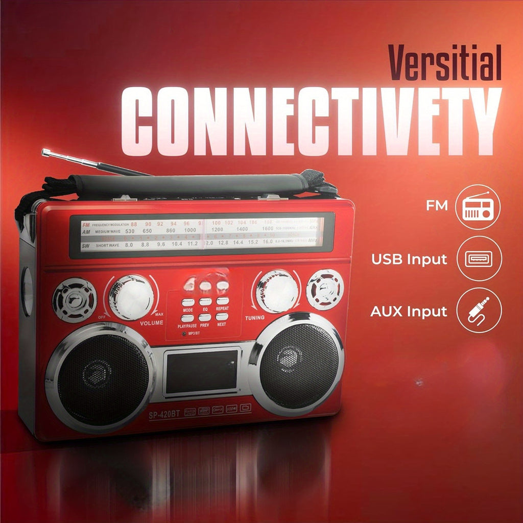 Portable 3-Band Radio with Wireless, Solar Panel, And LED Flashlight, Retro Wireless Speaker, AM/FM/SW Receiver with MP3 Playback, Telescopic Antenna, High Sensitivity, with Leather Handle, AUX/TF/SD, Ideal for Camping