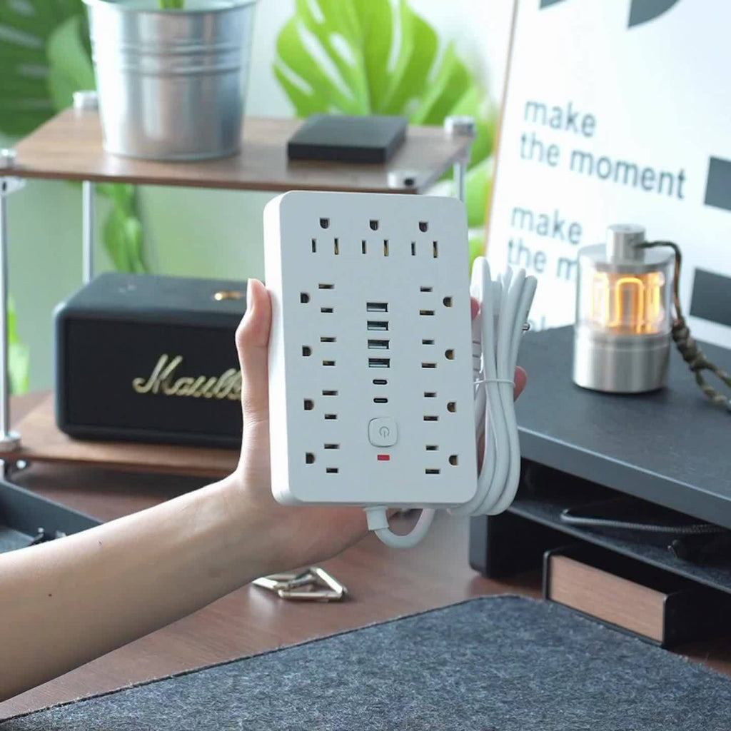 17-in-1 Flat Plug Power Strip Surge Protector with 11 Spacious AC Outlets and 6 USB Ports (including 2 Type-C) with Overload Protection