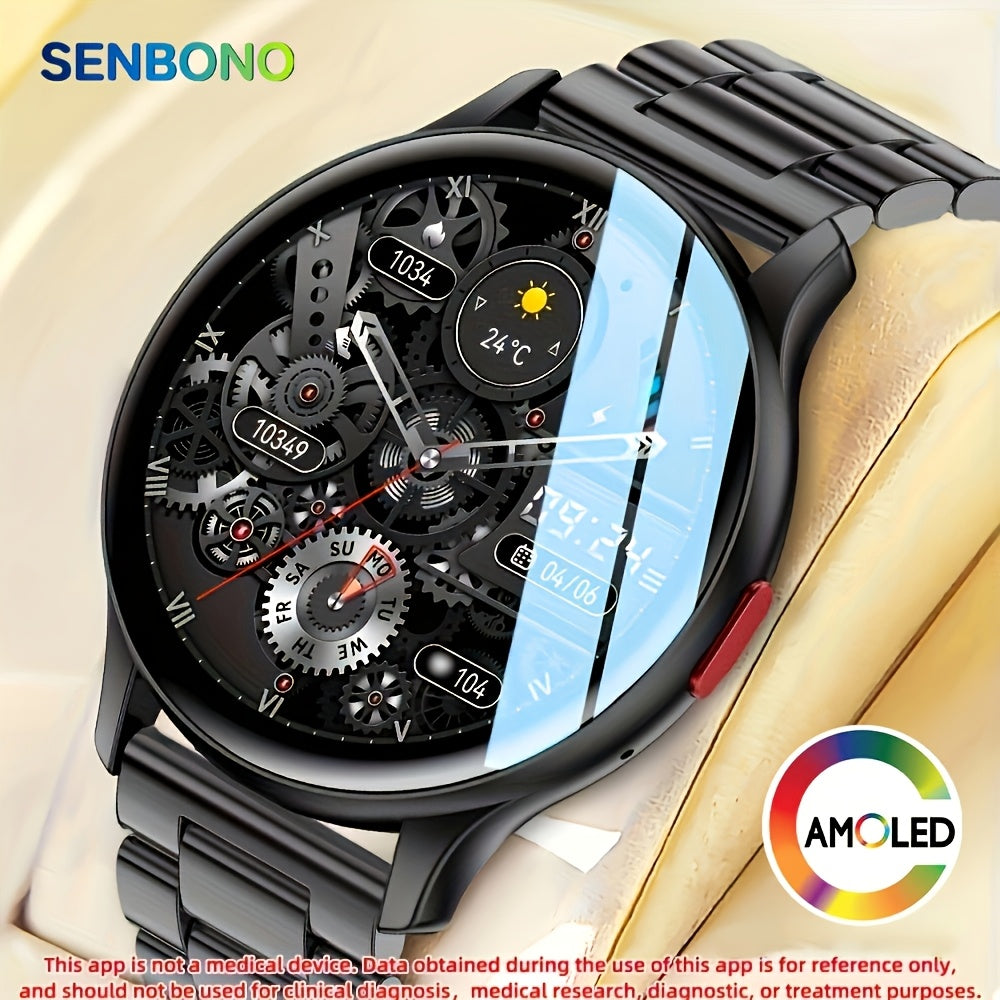 SENBONO Men's Smartwatch with Call Function, 1. 43'' Large HD AMOLED Screen, 100+ Sports Modes, DIY Watch Face, Fitness Tracker, USB Charging, Wireless, Lithium Polymer Battery - Black Silicone Band, AMOLED Display