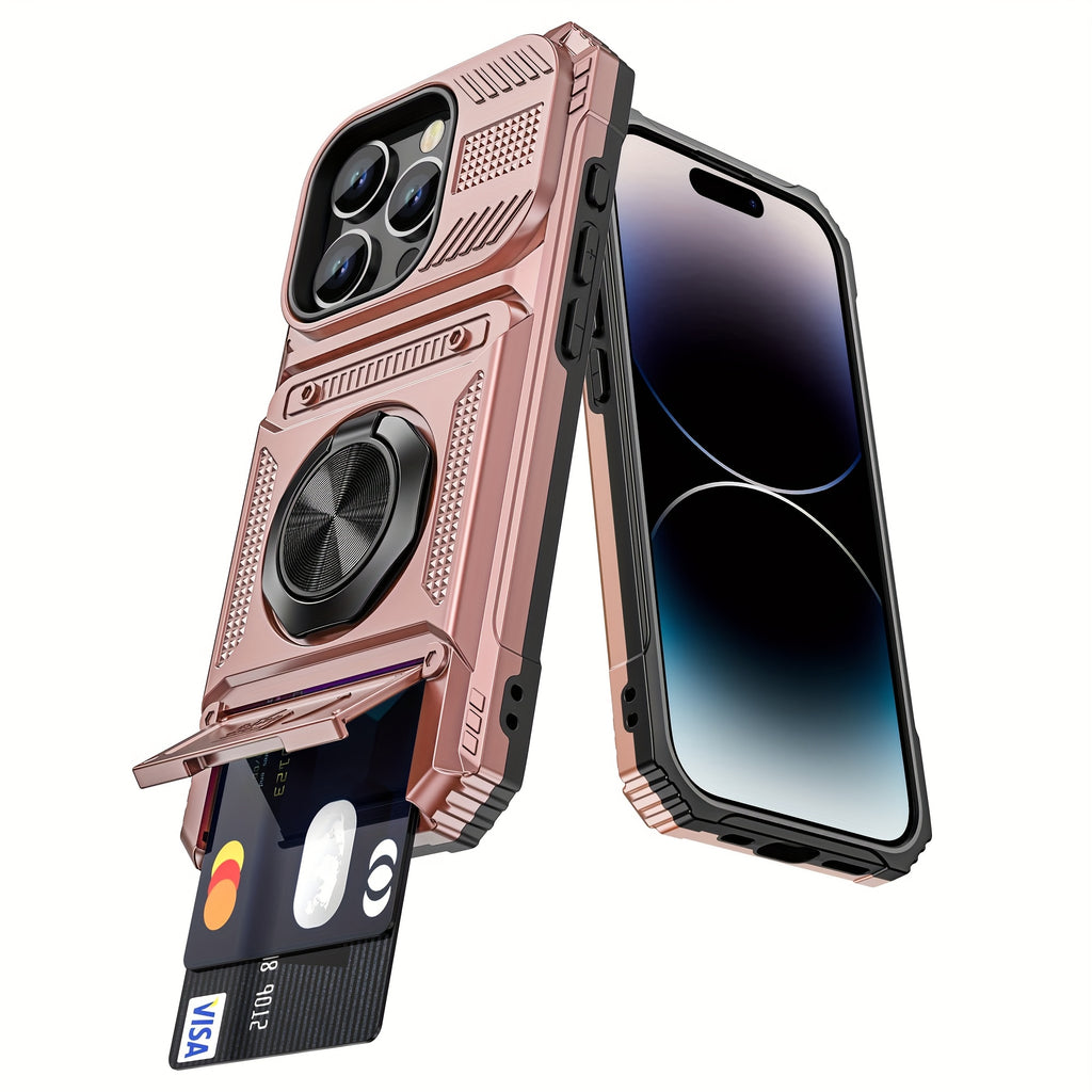 Phone Case: for iPhone 16 15 14 13 11 Pro Max 14 15 16Plus 7 8Plus Series Heavy Duty Shockproof 360° Rotating Metal Stand Mobile Phone Hard Shell with Dual Card Slot Design