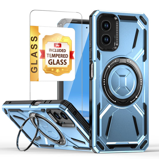 For Motorola Moto G 5G 2024 Phone Case, with Tempered Glass Screen Protector, Magnetic Circle Protective 360 Rotatable Magnetic Ring Stand Cover